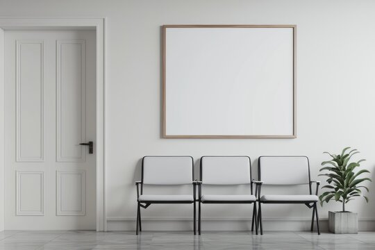 A blank white wall in the waiting room of an office building with three chairs and one door on it, a small plant next to them