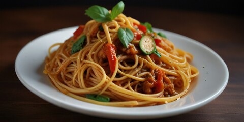 spaghetti with tomato sauce and basil
