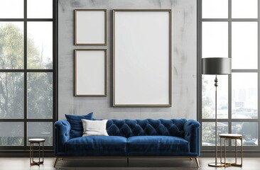 A blue velvet sofa in front of large windows, framed with gold framed mockups on the wall above it