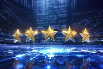 A digital interface radiates with five dazzling stars, symbolizing the stellar feedback received for outstanding service provision.