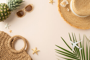 Dive into summer bliss: top view of straw hat, sunglasses, pineapple, woven bag, palm leaf, shells,...