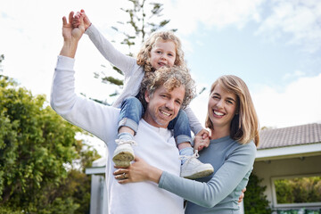 Fototapeta premium Mother, father and child in backyard portrait with smile, bonding and playful fun on calm summer weekend. Happy family, parents and girl kid together in home garden with embrace, love and support