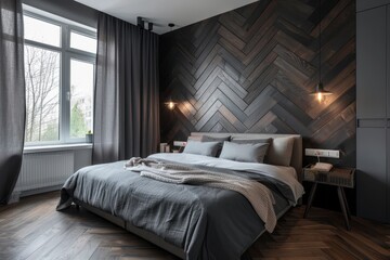 A dark wood herringbone wall behind the bed creates an elegant and sophisticated atmosphere in the modern bedroom interior design