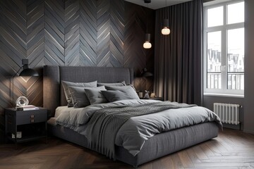 A dark wood herringbone wall behind the bed creates an elegant and sophisticated atmosphere in the modern bedroom interior design