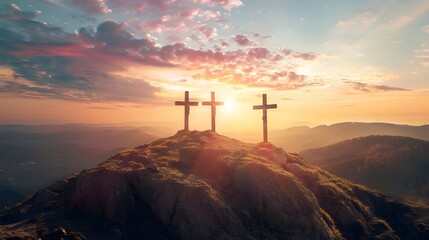 Three Holy Crosses On Top Of Mount Morissolo, Religious Flare , Religious cross on rock