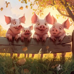 happy little pigs, enjoying early morning sun while waiting in their pen for their breakfast slop,  