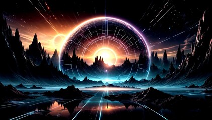 Abstract Futuristic Digital Scene with Glowing Orb and Lines on Dark Background