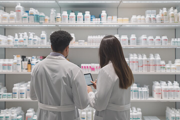 Obraz premium Two pharmacists in lab coats are checking the inventory of a pharmacy.