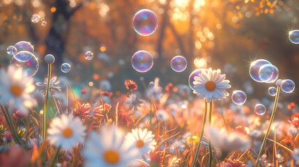 The image shows a field of flowers with bubbles floating in the air