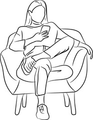 Outline illustration of a seated woman playing with her cell phone