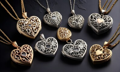 Exquisite collection lockets and pendants in silver and gold tones with intricate filigree work and elaborate patterns in heart shape on dark background. Vintage romance Jewelry, timeless ... See More