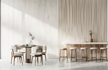 A dining table with four chairs and three barstools arranged around it, set against the backdrop of white walls adorned with vertical wooden strips