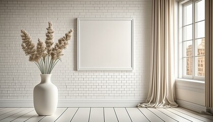白い部屋レンガの壁　ポスターのモックアップ