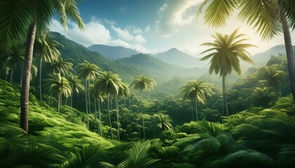 tropical landscape with palm trees tropical forest with towering palm trees, the lush green foliage that envelops the landscape.