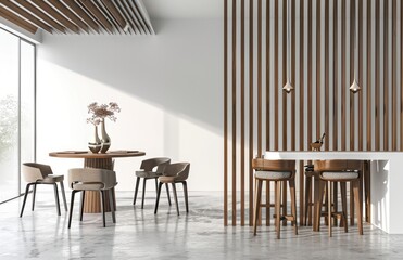 A dining table with four chairs and three barstools arranged around it, set against the backdrop of white walls adorned with vertical wooden strips