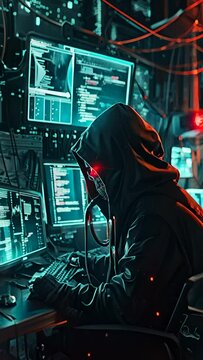 A man in a hoodie is sitting in front of a computer with a red light on his face. Concept of mystery and intrigue, as the man is working on something secretive or dangerous. Vertical video