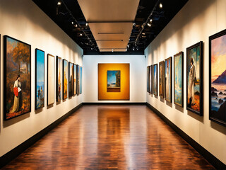 A billboard wall of art posters and framed portraits by various painters on a white wall in a museum on a wall that goes for infinity, horizon at the top of the image, digital art, 8k hdr
