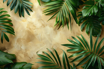 A realistic photo of tropical plants and palm leaves in the foreground, with sunlight. Created with AI 