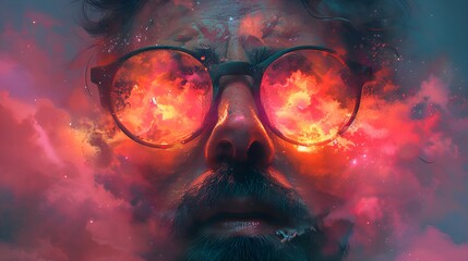 A man with glasses and a beard stares ahead with clouds and a galaxy in the background