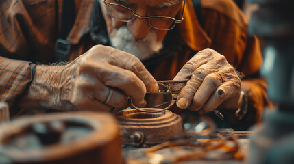 Senior watchmaker working on a vintage pocket watch in his workshop