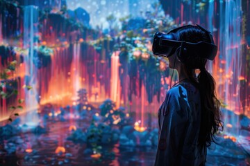 A woman wearing a virtual reality headset stands in front of a waterfall