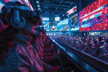 A group of people wearing virtual reality goggles are watching a video game