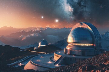 A large telescope is on a mountain with a beautiful view of the sky