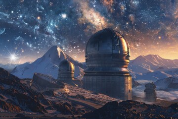 A mountain range with a large telescope on top