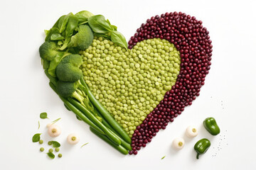 lentils and green beans forming a heart on a white background. healthy food concept. Top view