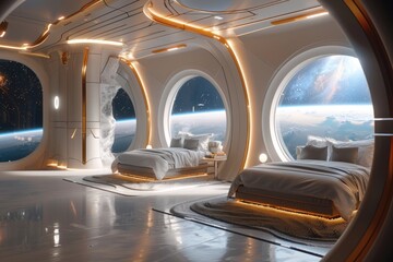 A room with two beds and a window looking out to space