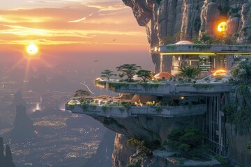 A futuristic city is built on top of a mountain