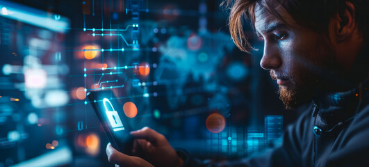 Fototapeta premium Secure Data Privacy: Male Professional Protecting Personal Information with Cyber Padlock on Computer, GDPR Compliance and Network Security Concept