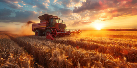 Witness the synergy of farming expertise and cutting-edge technology as the combine harvester gracefully sweeps through the golden fields bringing in a bountiful wheat harvest