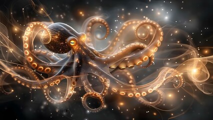 A space octopus with glowing tentacles exploring the universe in 3D. Concept Space Octopus, Glowing Tentacles, Universe Exploration, 3D Art, Sci-Fi Illustration