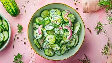 Top-down image of a creamy cucumber and dill salad served in a bowl, garnished with fresh dill and red onion slices. The pink background adds a vibrant contrast to the green salad. - Powered by Adobe