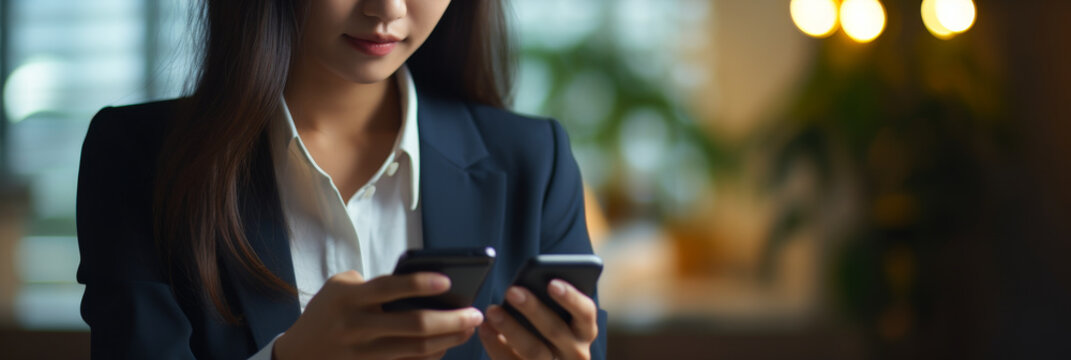 Asian Businesswoman Using Smartphone and Tablet, Corporate Office, Internet Connection, Online Working, Mobile Devices in Business