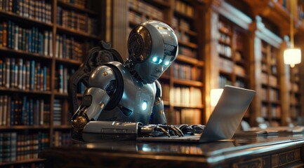 Fototapeta premium Robot using laptop in library