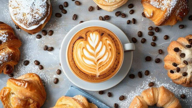 Cozy caf&eacute; with latte art and freshly baked pastries. Concept Latte Art, Fresh Baked Pastries, Cozy Caf&eacute;