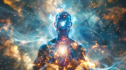 Silhouette of a man in the rays of a shining aura around his body against the backdrop of outer space with stars. The theme of awakening energy and discovering magical abilities.