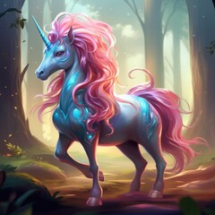 Naklejka premium Magical unicorn with a luxurious pink mane. Against the backdrop of a forest landscape.