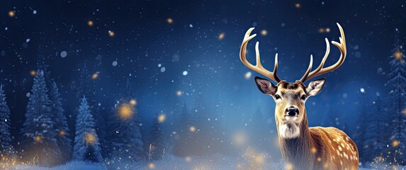 Wild deer against the backdrop of a winter night landscape and Christmas lights.