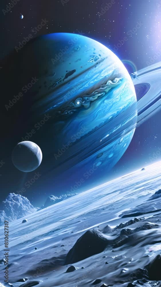 Wall mural a blue planet with a large white moon and two smaller moons. the planet is surrounded by rocks and i