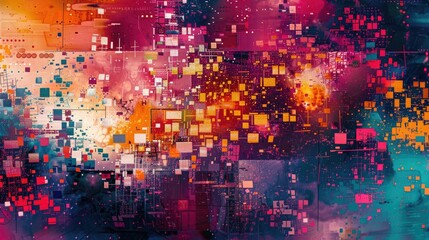 A digital abstract texture background, featuring a collage of colorful, pixelated shapes that create a dynamic, eye-catching composition.