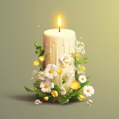 White candle with flowers on light background