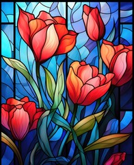 Stained glass window featuring flowers and leaves