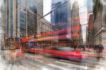 A Red Bus Moves Swiftly Through the Busy Downtown Streets, Captured in Motion Blur Amidst the Reflective Glass Facades of Modern Skyscrapers, Symbolizing the Fast-Paced Life of the City, Generative AI