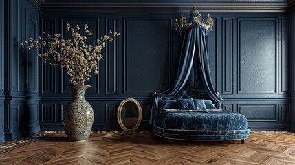 Majestic bedroom with dark blue walls, luxurious bed settings, and wood floors.