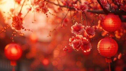 Fototapeta premium Numerous red lanterns hang from a tree, creating a vibrant and festive scene.