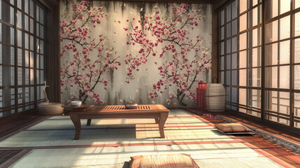 Tranquil tea room with cherry blossom design, tatami mats, and a classic wooden low table. - Powered by Adobe