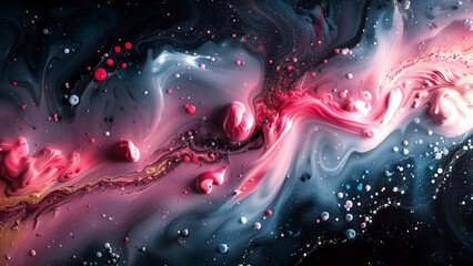 Black background, pink blue and white paint swirls and splashes in space